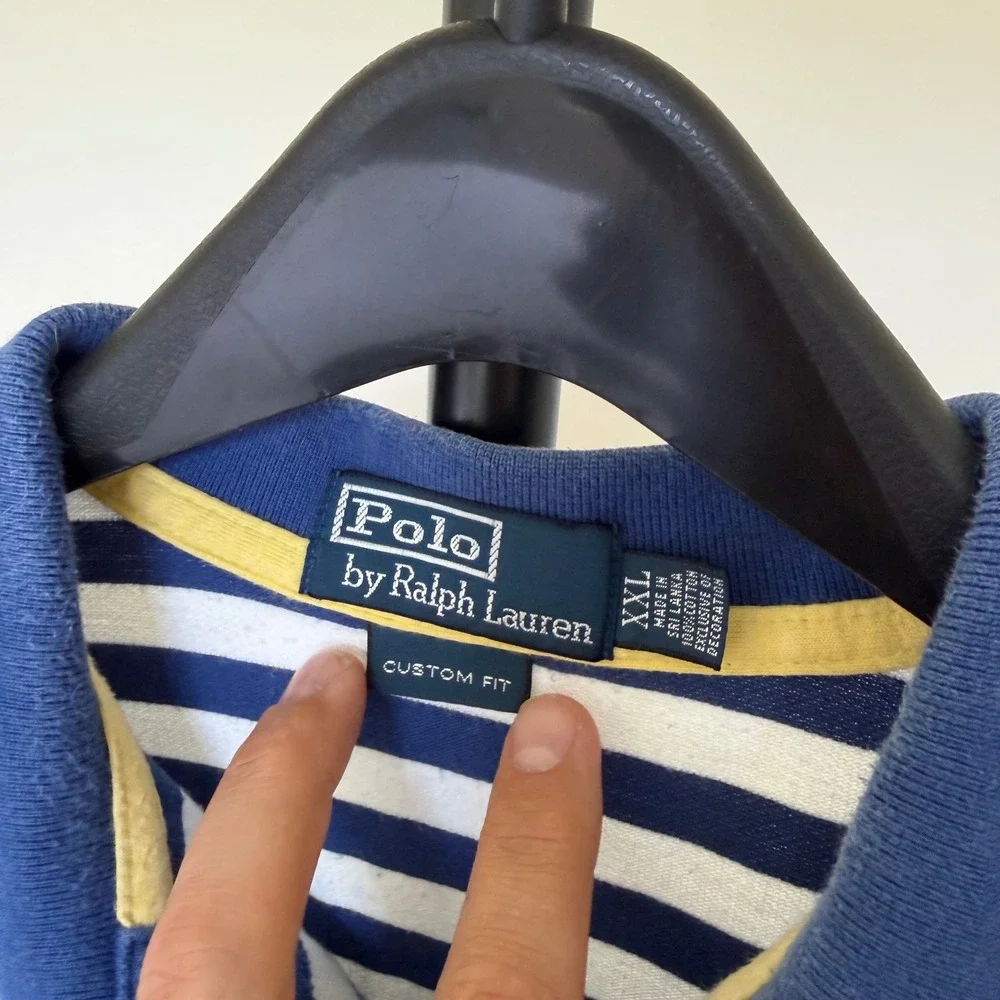90's Polo Ralph Lauren XXL Blue White Striped Custom Fit Crest Polo Shirt